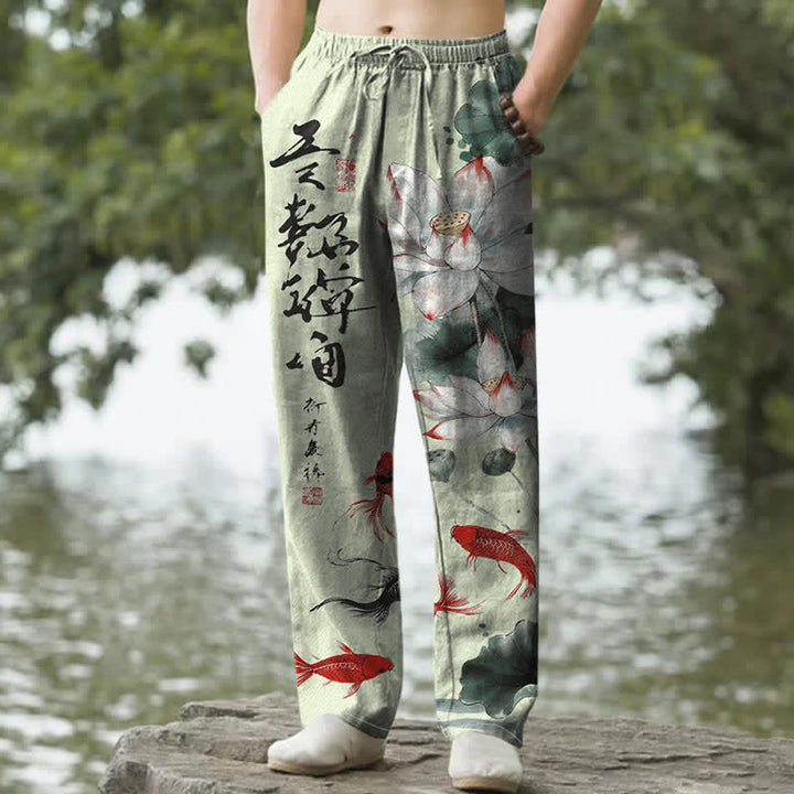 Buddha Stones Herrenhose aus Baumwolle mit Lotus-Koi-Fisch-Tintenwaschmuster, schmal zulaufend und mit Taschen - Hellgrün - US/ UK/AU50, EU60 (5XL) - image 6