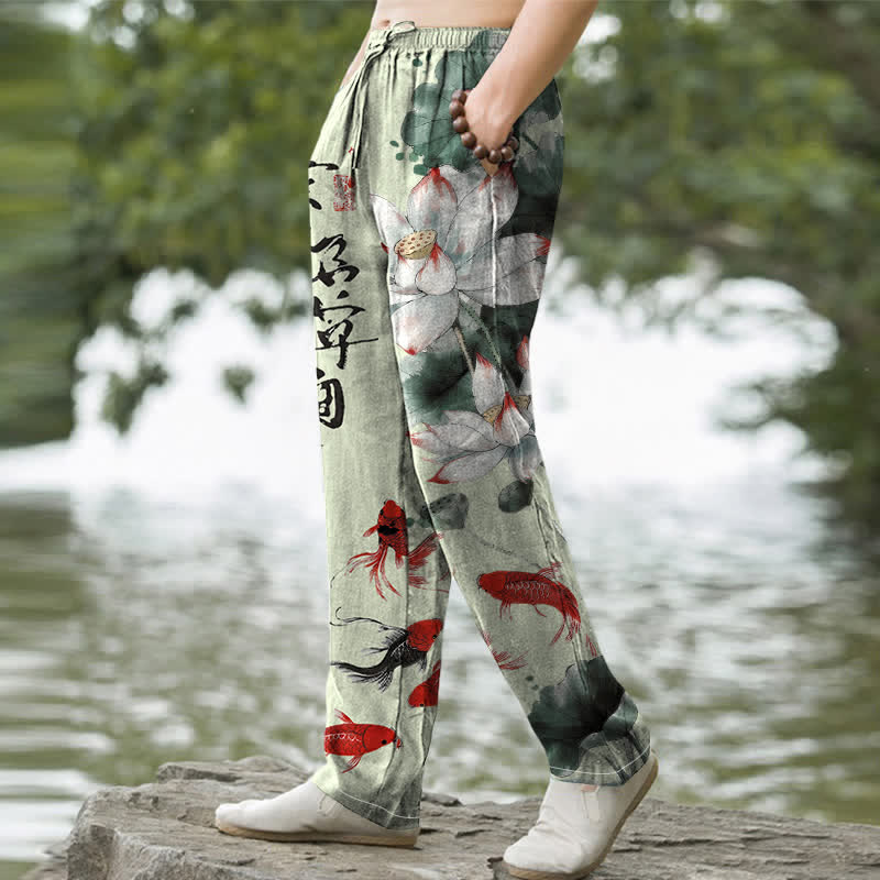 Buddha Stones Herrenhose aus Baumwolle mit Lotus-Koi-Fisch-Tintenwaschmuster, schmal zulaufend und mit Taschen - image 7