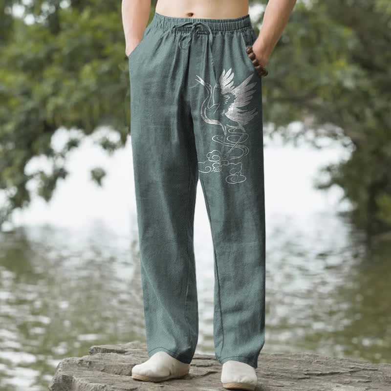 Buddha Stones Weiße, schmal zulaufende Herrenhose aus Baumwolle mit Kranich-Wellenmuster und Taschen - Kadettenblau - US/ UK/AU50, EU60 (5XL) - image 0