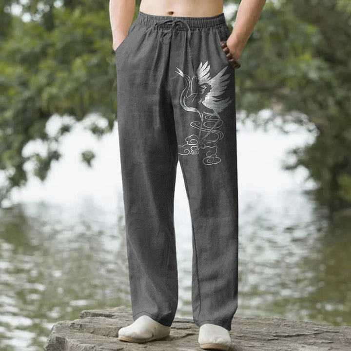 Buddha Stones Weiße, schmal zulaufende Herrenhose aus Baumwolle mit Kranich-Wellenmuster und Taschen - DimGray - US/ UK/AU50, EU60 (5XL) - image 6