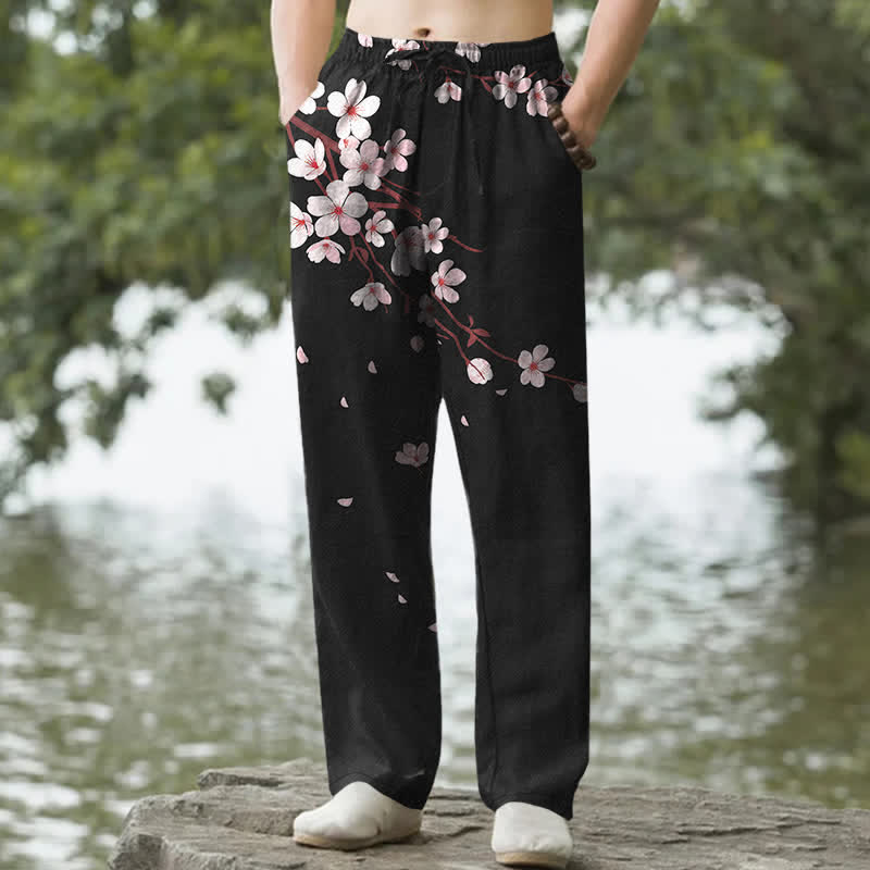 Buddha Stones Herrenhose aus Baumwolle mit rosa Kirschblütenmuster, schmal zulaufendem Schnitt und Taschen - Schwarz - US/ UK/AU50, EU60 (5XL) - image 0