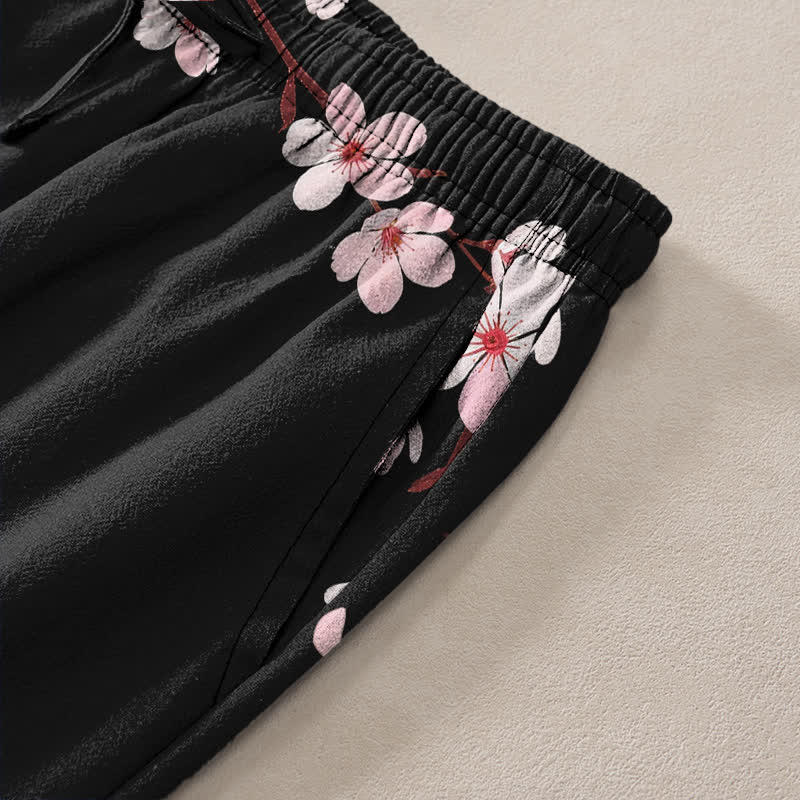 Buddha Stones Herrenhose aus Baumwolle mit rosa Kirschblütenmuster, schmal zulaufendem Schnitt und Taschen - image 2