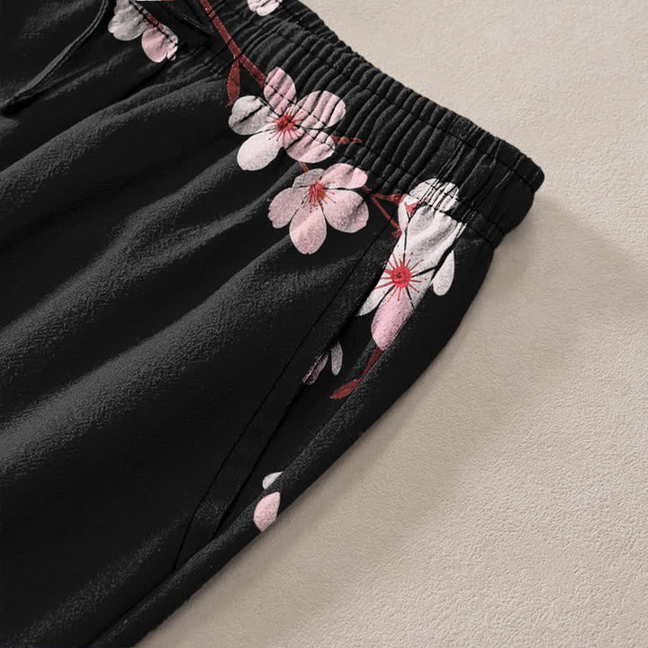 Buddha Stones Herrenhose aus Baumwolle mit rosa Kirschblütenmuster, schmal zulaufendem Schnitt und Taschen - image 2