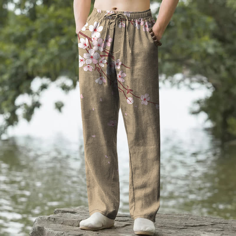 Buddha Stones Herrenhose aus Baumwolle mit rosa Kirschblütenmuster, schmal zulaufendem Schnitt und Taschen - Dunkelkhaki - US/ UK/AU50, EU60 (5XL) - image 4