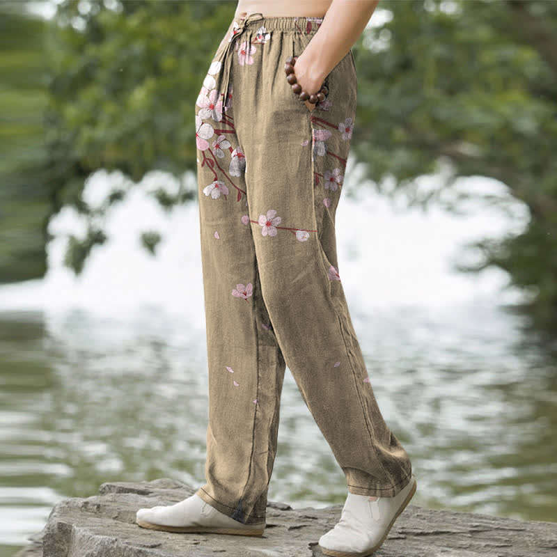 Buddha Stones Herrenhose aus Baumwolle mit rosa Kirschblütenmuster, schmal zulaufendem Schnitt und Taschen - image 5