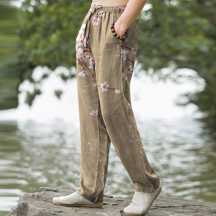 Buddha Stones Herrenhose aus Baumwolle mit rosa Kirschblütenmuster, schmal zulaufendem Schnitt und Taschen - image 5