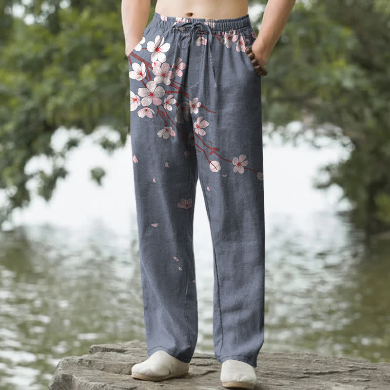 Buddha Stones Herrenhose aus Baumwolle mit rosa Kirschblütenmuster, schmal zulaufendem Schnitt und Taschen - Schiefergrau - US/ UK/AU50, EU60 (5XL) - image 6