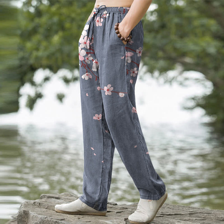 Buddha Stones Herrenhose aus Baumwolle mit rosa Kirschblütenmuster, schmal zulaufendem Schnitt und Taschen - image 7