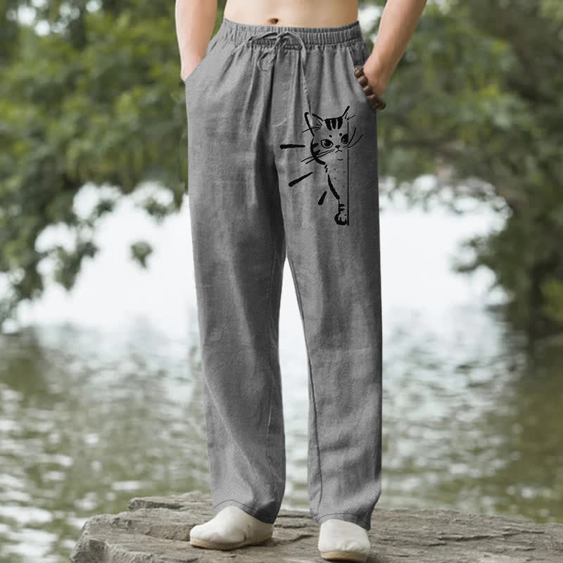 Buddha Stones Herrenhose aus Baumwolle mit schwarzem Katzenmuster, schmal zulaufend und mit Taschen - Grau - US/ UK/AU50, EU60 (5XL) - image 0