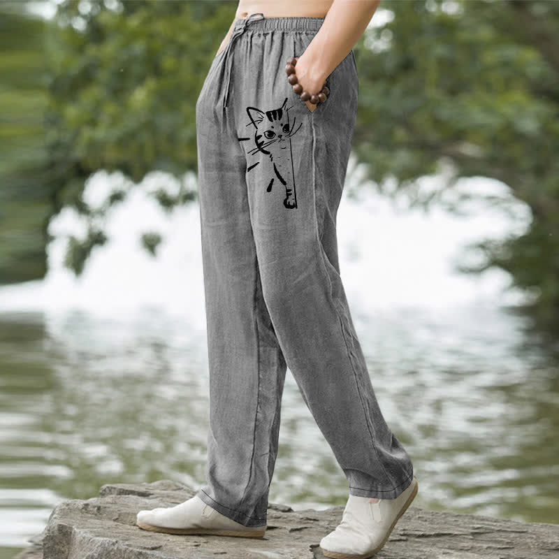 Buddha Stones Herrenhose aus Baumwolle mit schwarzem Katzenmuster, schmal zulaufend und mit Taschen - image 1