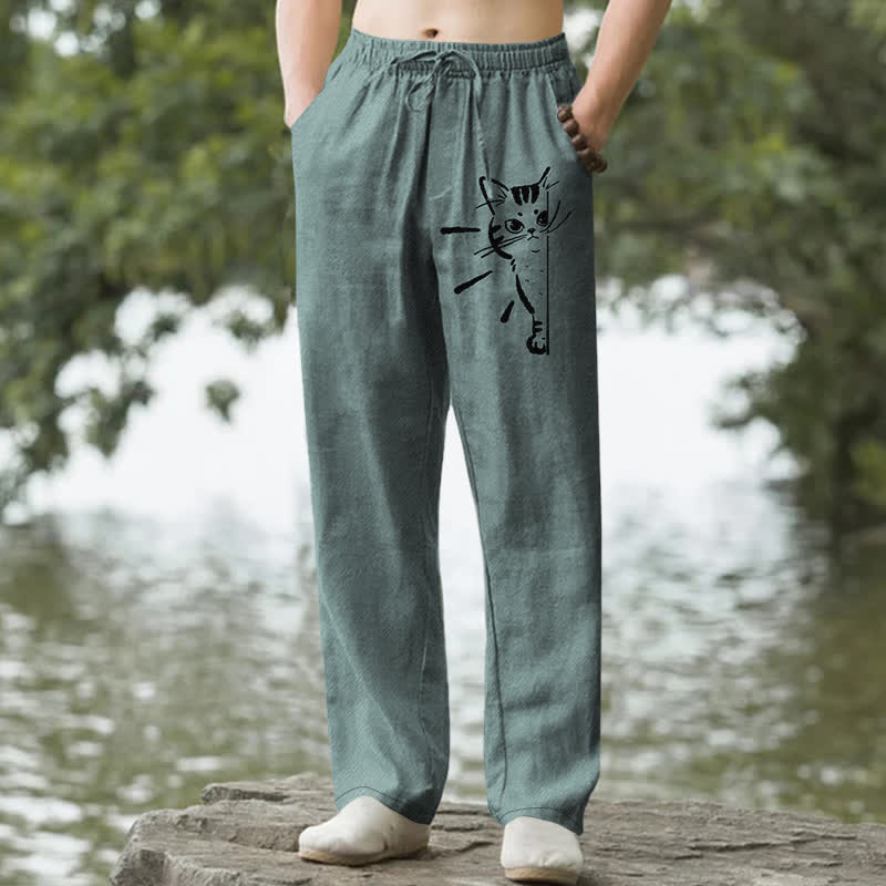 Buddha Stones Herrenhose aus Baumwolle mit schwarzem Katzenmuster, schmal zulaufend und mit Taschen - Kadettenblau - US/ UK/AU50, EU60 (5XL) - image 4