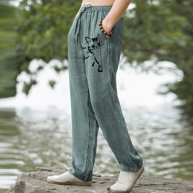Buddha Stones Herrenhose aus Baumwolle mit schwarzem Katzenmuster, schmal zulaufend und mit Taschen - image 5