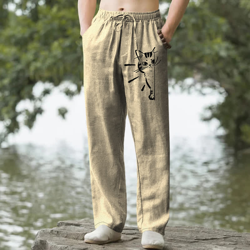 Buddha Stones Herrenhose aus Baumwolle mit schwarzem Katzenmuster, schmal zulaufend und mit Taschen - Khaki - US/ UK/AU50, EU60 (5XL) - image 6