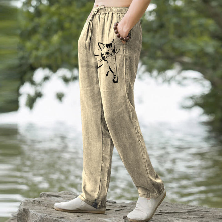 Buddha Stones Herrenhose aus Baumwolle mit schwarzem Katzenmuster, schmal zulaufend und mit Taschen - image 7