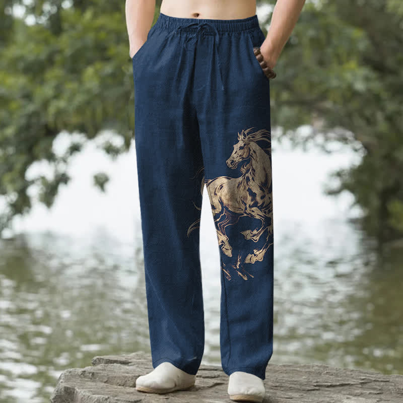 Buddha Stones Herrenhose aus Baumwolle mit goldenem Muster eines galoppierenden Pferdes, schmal zulaufend und mit Taschen - Marine - US/ UK/AU50, EU60 (5XL) - image 0