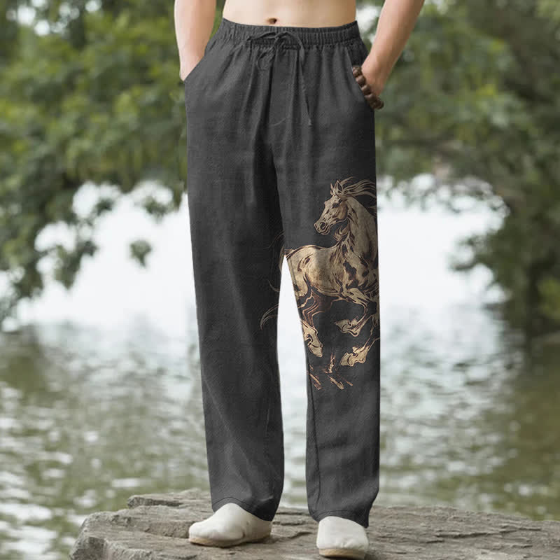 Buddha Stones Herrenhose aus Baumwolle mit goldenem Muster eines galoppierenden Pferdes, schmal zulaufend und mit Taschen - Schwarz - US/ UK/AU50, EU60 (5XL) - image 4