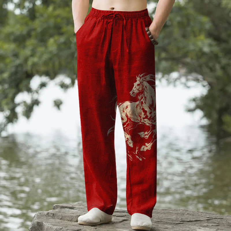 Buddha Stones Herrenhose aus Baumwolle mit goldenem Muster eines galoppierenden Pferdes, schmal zulaufend und mit Taschen - Purpurrot - US/ UK/AU50, EU60 (5XL) - image 6