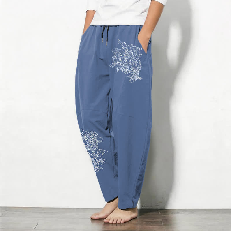 Buddha Stones Herrenhose aus reiner Baumwolle mit Koi-Drachenmuster, Kordelzug und Taschen - image 1
