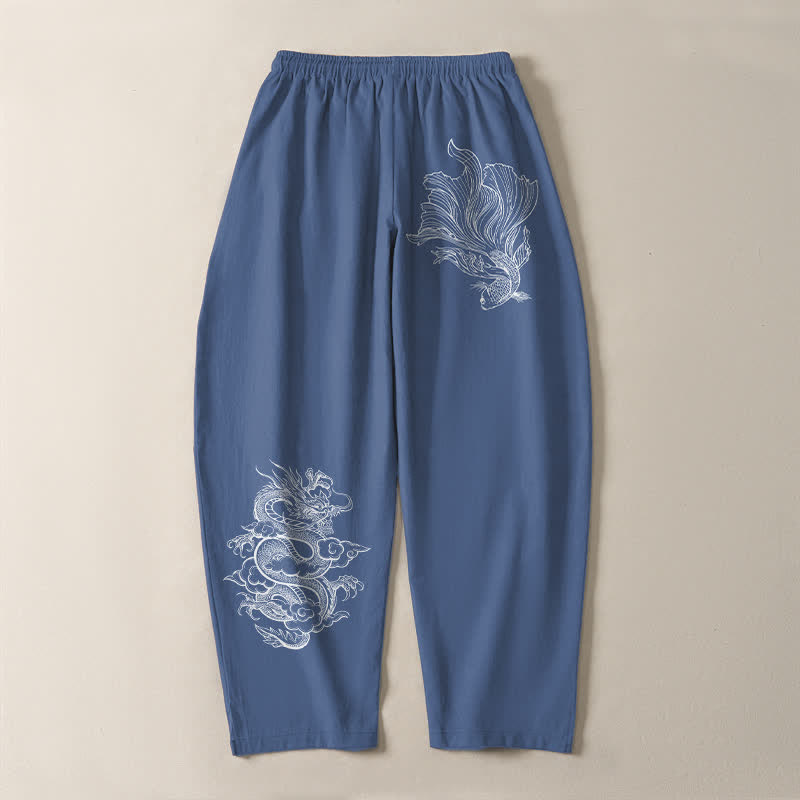 Buddha Stones Herrenhose aus reiner Baumwolle mit Koi-Drachenmuster, Kordelzug und Taschen - image 3