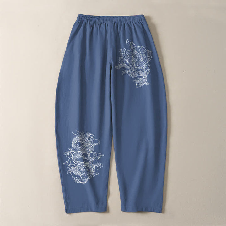Buddha Stones Herrenhose aus reiner Baumwolle mit Koi-Drachenmuster, Kordelzug und Taschen - image 3