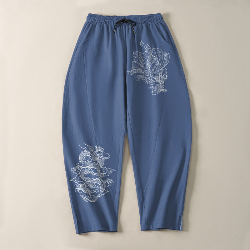 Buddha Stones Herrenhose aus reiner Baumwolle mit Koi-Drachenmuster, Kordelzug und Taschen - image 2