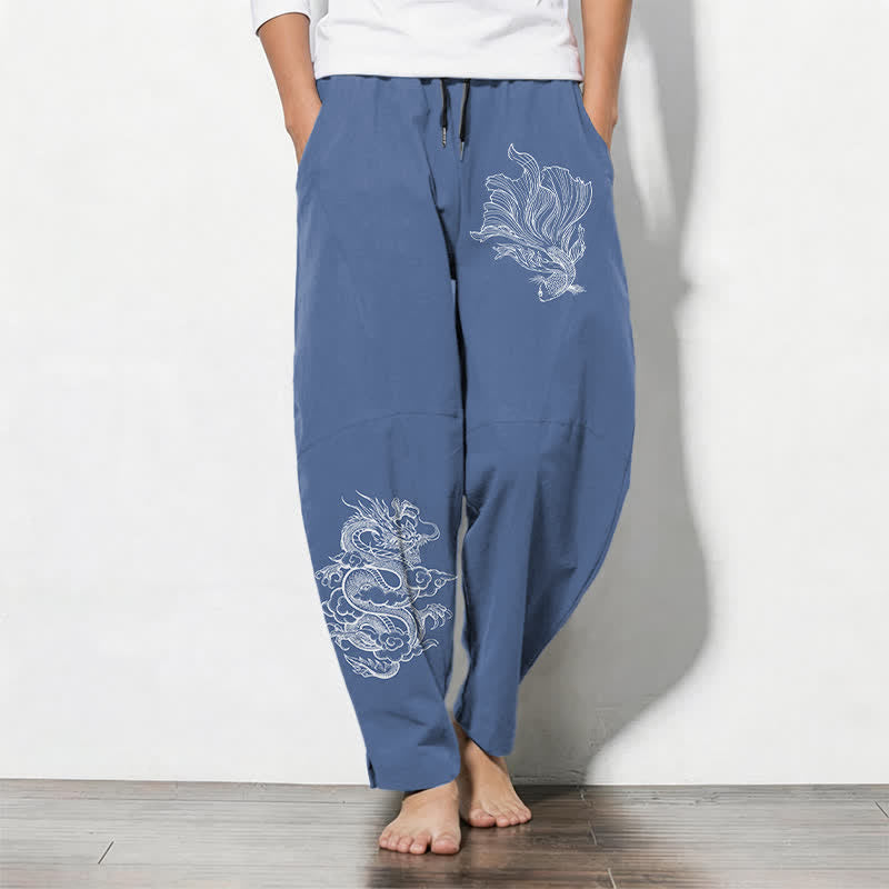 Buddha Stones Herrenhose aus reiner Baumwolle mit Koi-Drachenmuster, Kordelzug und Taschen - SteelBlue - US/ UK/AU50, EU60 (5XL) - image 0