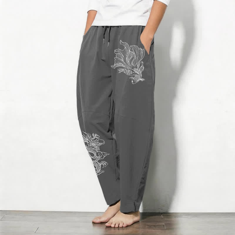 Buddha Stones Herrenhose aus reiner Baumwolle mit Koi-Drachenmuster, Kordelzug und Taschen - image 8