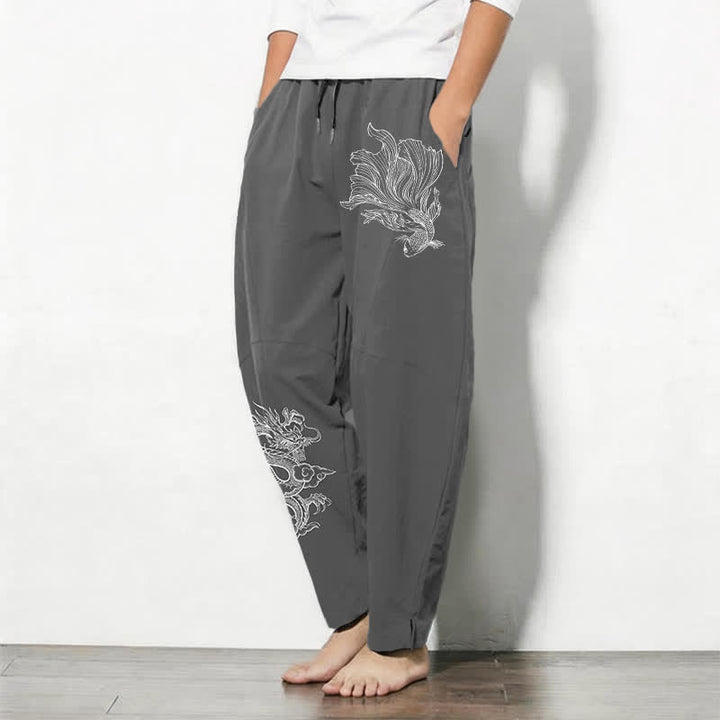 Buddha Stones Herrenhose aus reiner Baumwolle mit Koi-Drachenmuster, Kordelzug und Taschen - image 8