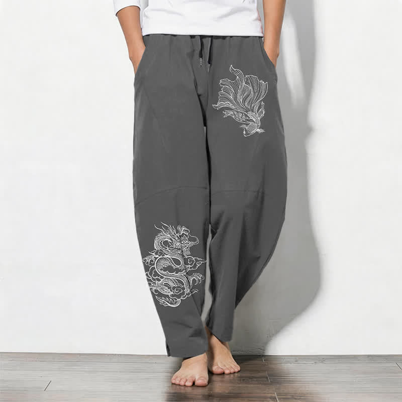 Buddha Stones Herrenhose aus reiner Baumwolle mit Koi-Drachenmuster, Kordelzug und Taschen - DimGray - US/ UK/AU50, EU60 (5XL) - image 7