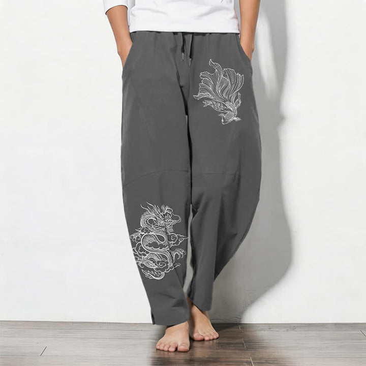 Buddha Stones Herrenhose aus reiner Baumwolle mit Koi-Drachenmuster, Kordelzug und Taschen - DimGray - US/ UK/AU50, EU60 (5XL) - image 7