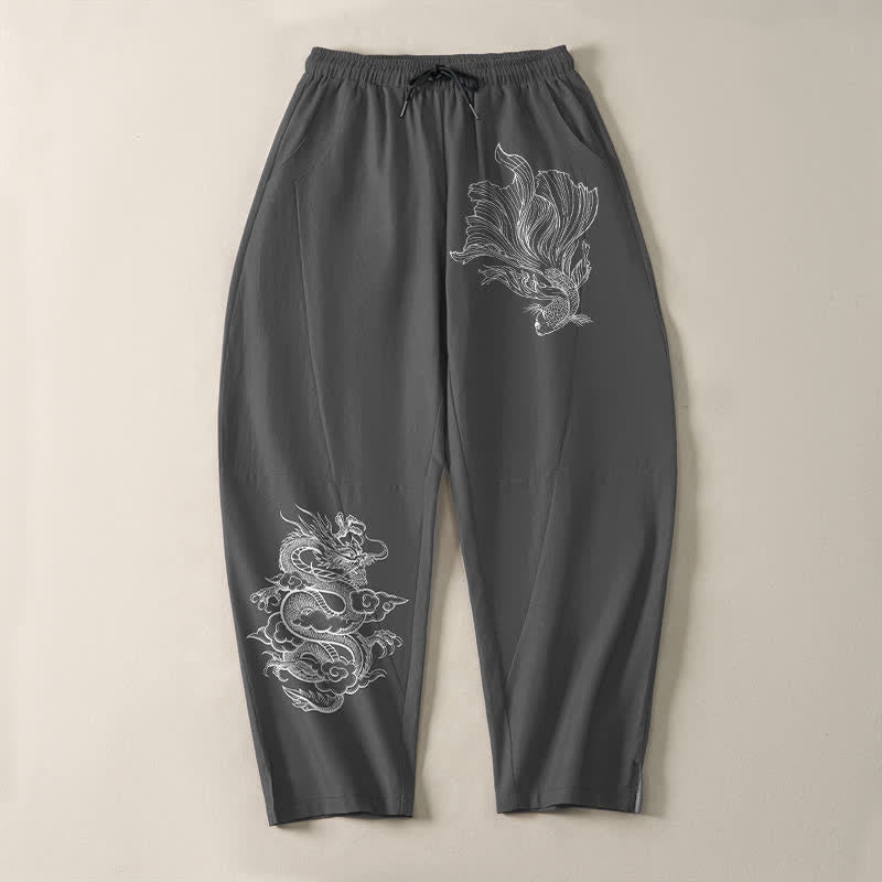 Buddha Stones Herrenhose aus reiner Baumwolle mit Koi-Drachenmuster, Kordelzug und Taschen - image 9
