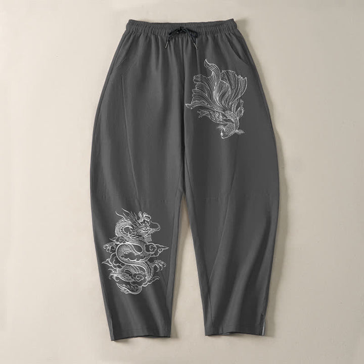 Buddha Stones Herrenhose aus reiner Baumwolle mit Koi-Drachenmuster, Kordelzug und Taschen - image 9