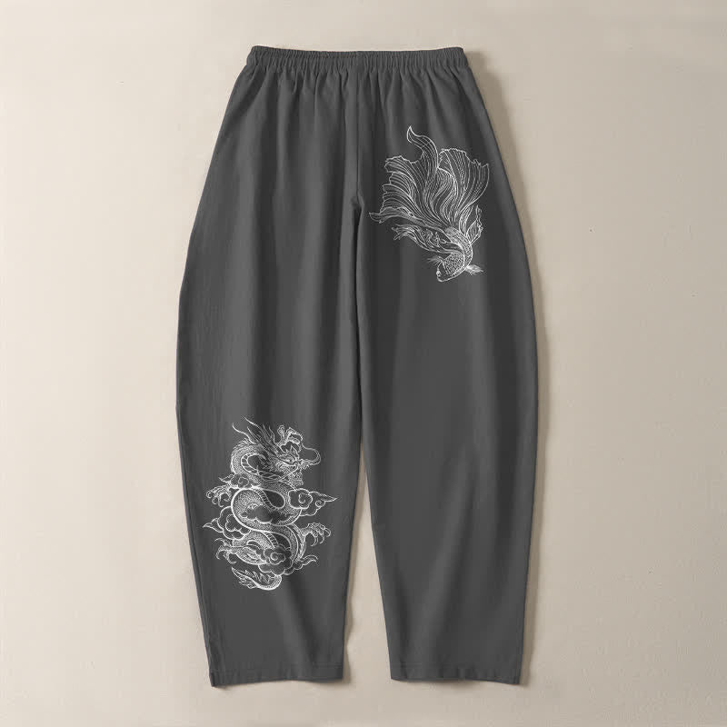 Buddha Stones Herrenhose aus reiner Baumwolle mit Koi-Drachenmuster, Kordelzug und Taschen - image 10