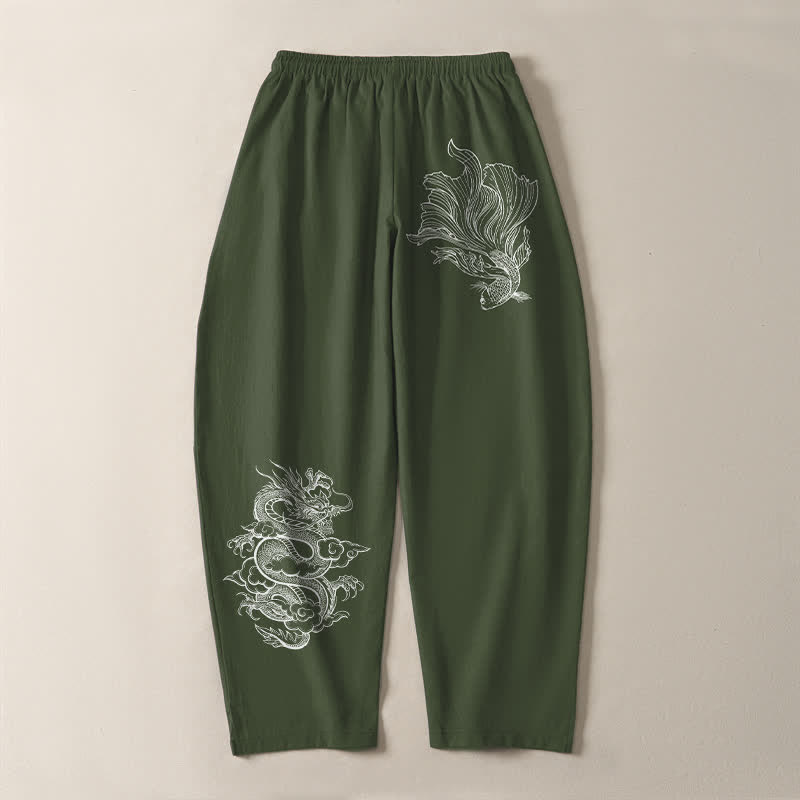 Buddha Stones Herrenhose aus reiner Baumwolle mit Koi-Drachenmuster, Kordelzug und Taschen - image 14
