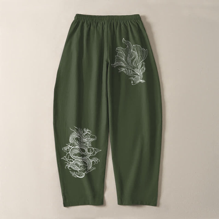 Buddha Stones Herrenhose aus reiner Baumwolle mit Koi-Drachenmuster, Kordelzug und Taschen - image 14