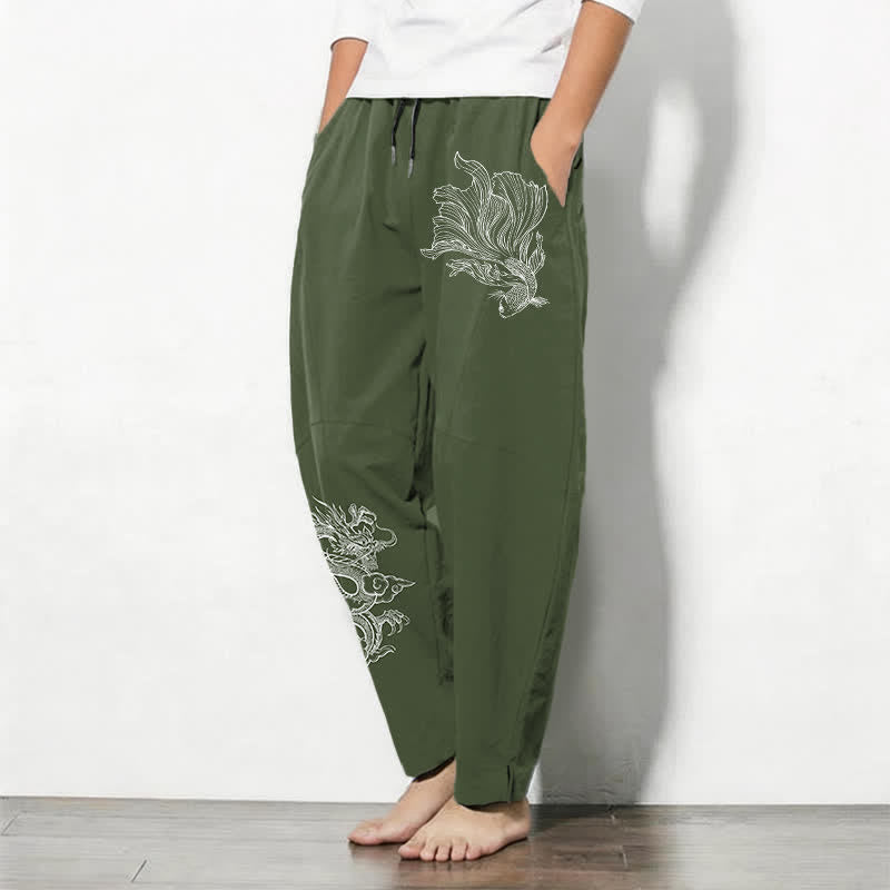 Buddha Stones Herrenhose aus reiner Baumwolle mit Koi-Drachenmuster, Kordelzug und Taschen - image 12