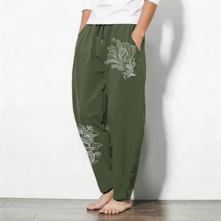 Buddha Stones Herrenhose aus reiner Baumwolle mit Koi-Drachenmuster, Kordelzug und Taschen - image 12
