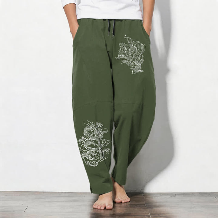 Buddha Stones Herrenhose aus reiner Baumwolle mit Koi-Drachenmuster, Kordelzug und Taschen - Dunkelolivgrün - US/ UK/AU50, EU60 (5XL) - image 11