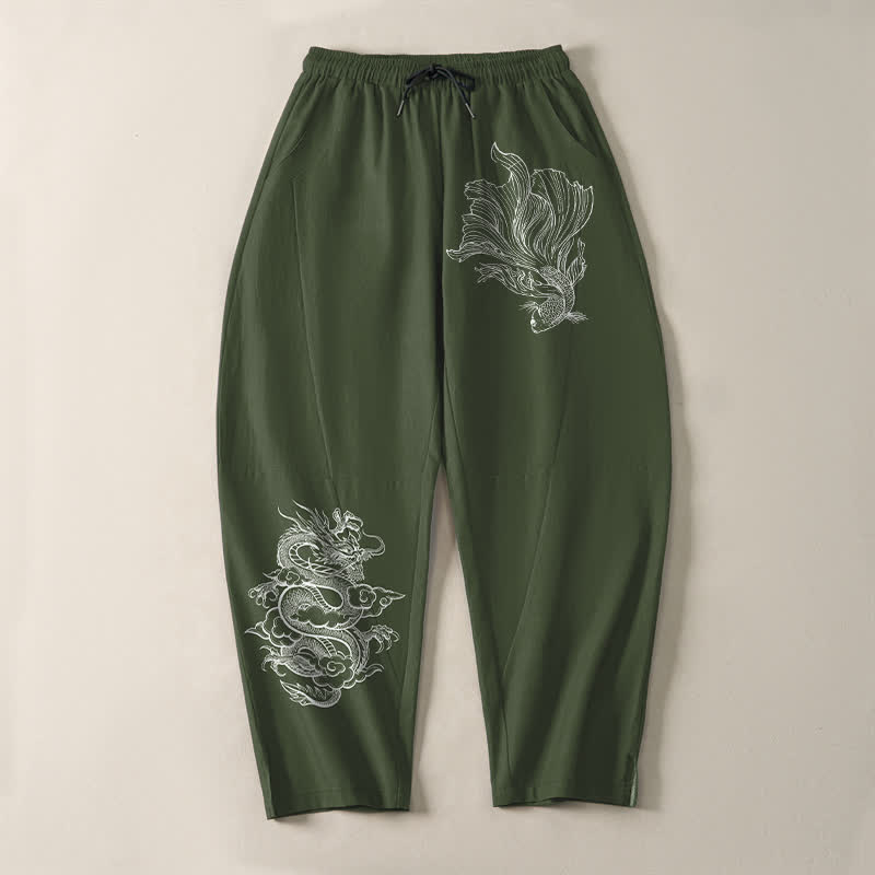 Buddha Stones Herrenhose aus reiner Baumwolle mit Koi-Drachenmuster, Kordelzug und Taschen - image 13