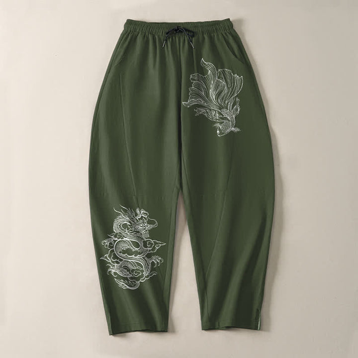Buddha Stones Herrenhose aus reiner Baumwolle mit Koi-Drachenmuster, Kordelzug und Taschen - image 13