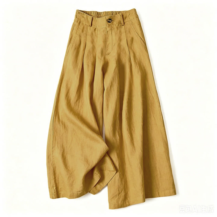 Buddha Stones Elegante, lange Sommerhose aus Baumwoll-Leinen-Mischgewebe mit elastischem Bund, Knopf- und Reißverschluss, weitem Bein und Taschen. - Gelb - US16, UK/AU20, EU48 (3XL) - image 9
