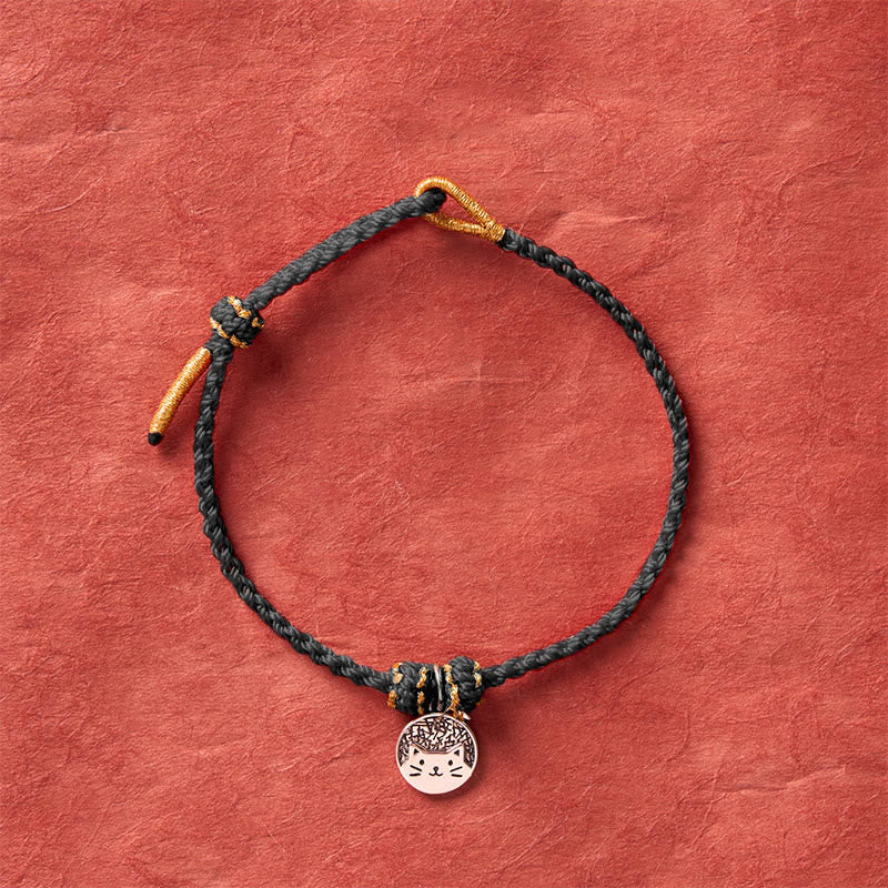 Buddha Stones Runder Anhänger aus 925er Sterlingsilber mit Kätzchen, das einen Fisch frisst, und passendes Armband aus geflochtenem Band (rot/schwarz) – ein Symbol für Wohlstand. - image 14