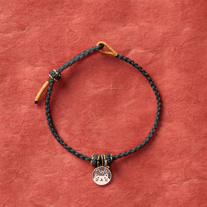 Buddha Stones Runder Anhänger aus 925er Sterlingsilber mit Kätzchen, das einen Fisch frisst, und passendes Armband aus geflochtenem Band (rot/schwarz) – ein Symbol für Wohlstand. - image 14