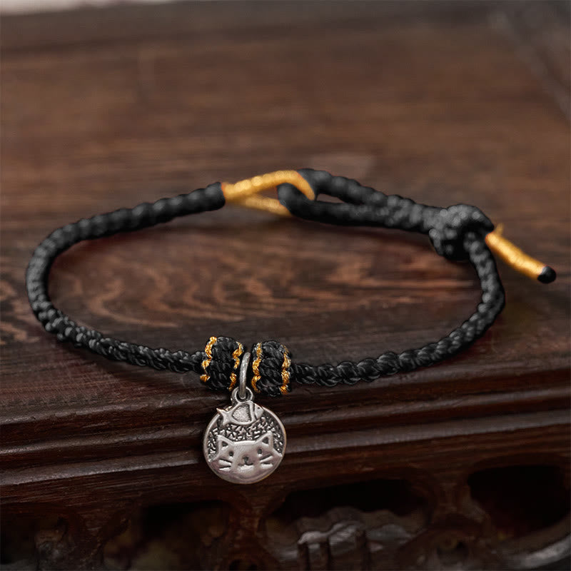 Buddha Stones Runder Anhänger aus 925er Sterlingsilber mit Kätzchen, das einen Fisch frisst, und passendes Armband aus geflochtenem Band (rot/schwarz) – ein Symbol für Wohlstand. - Schwarz (Handgelenkumfang 14–18 cm) - image 13