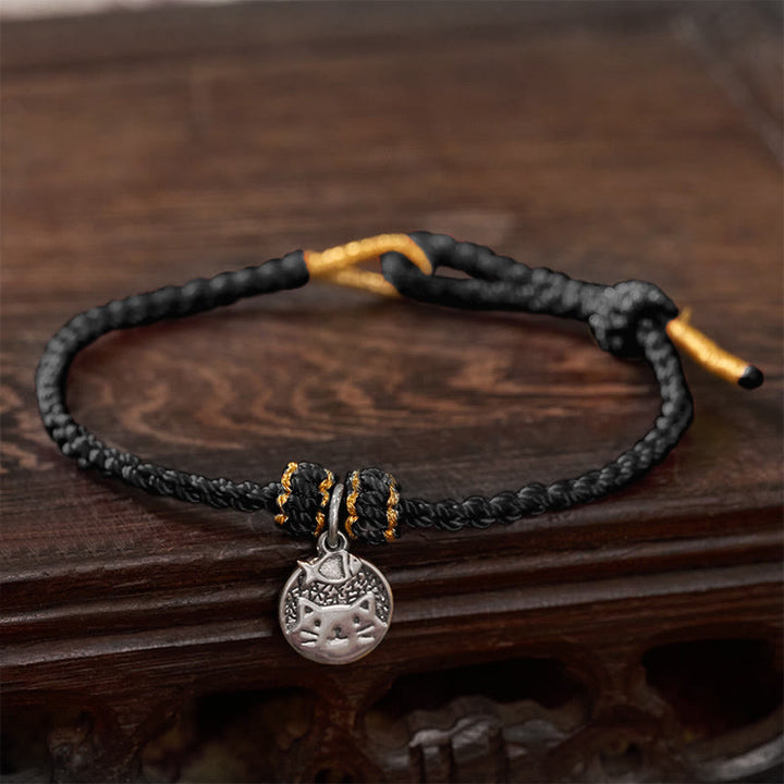 Buddha Stones Runder Anhänger aus 925er Sterlingsilber mit Kätzchen, das einen Fisch frisst, und passendes Armband aus geflochtenem Band (rot/schwarz) – ein Symbol für Wohlstand. - Schwarz (Handgelenkumfang 14–18 cm) - image 13