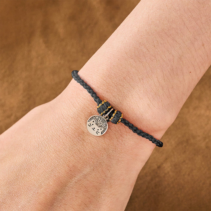 Buddha Stones Runder Anhänger aus 925er Sterlingsilber mit Kätzchen, das einen Fisch frisst, und passendes Armband aus geflochtenem Band (rot/schwarz) – ein Symbol für Wohlstand. - image 15