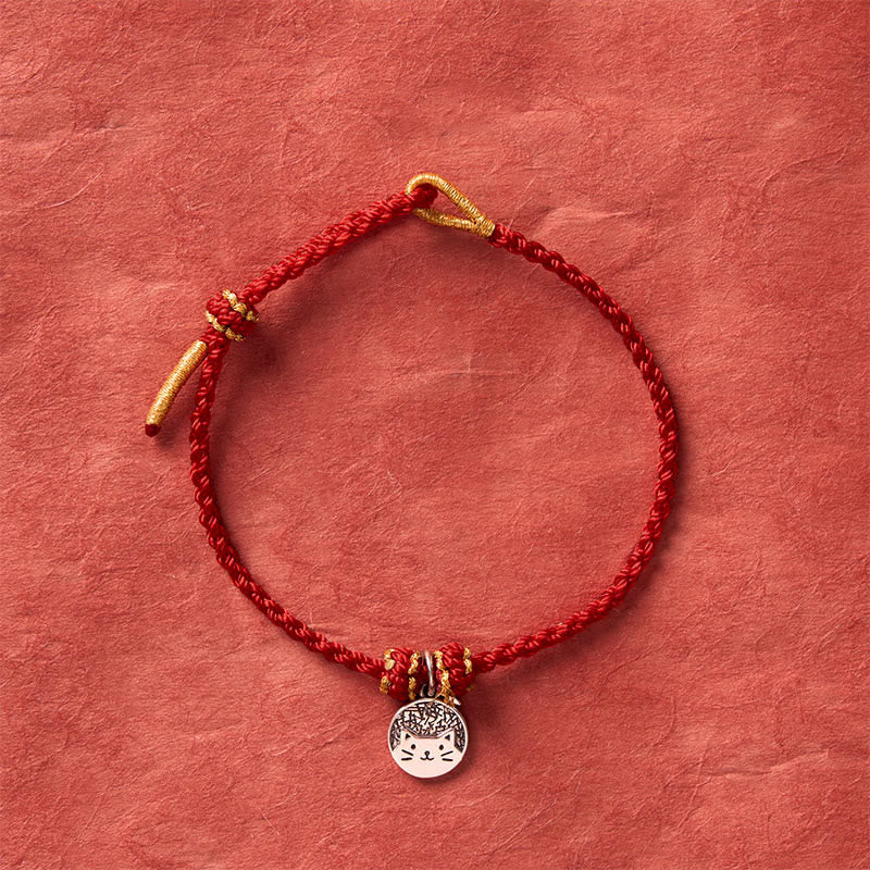 Buddha Stones Runder Anhänger aus 925er Sterlingsilber mit Kätzchen, das einen Fisch frisst, und passendes Armband aus geflochtenem Band (rot/schwarz) – ein Symbol für Wohlstand. - image 11
