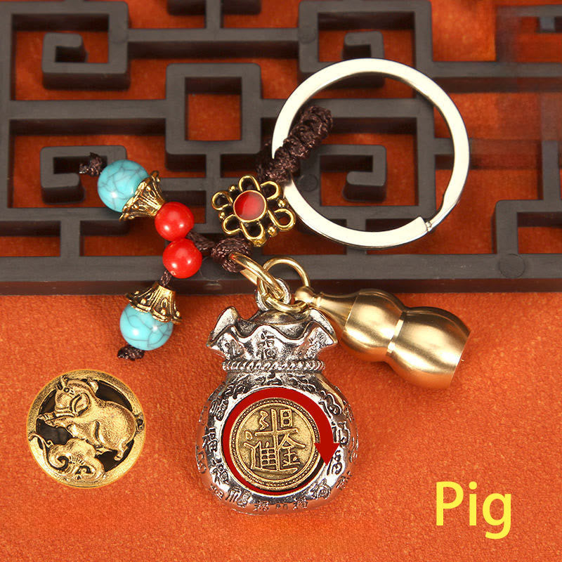 Buddha Stones Chinesischer Tierkreiszeichen-Schlüsselanhänger mit drehbarem Glücksbeutel und geflochtenem Muster - Schwein - image 19