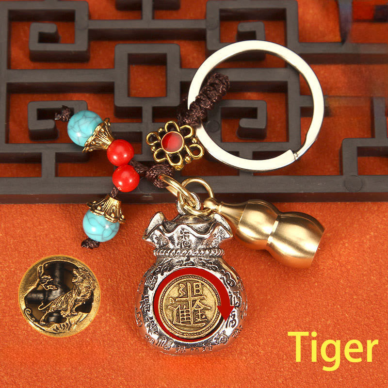 Buddha Stones Chinesischer Tierkreiszeichen-Schlüsselanhänger mit drehbarem Glücksbeutel und geflochtenem Muster - Tiger - image 2