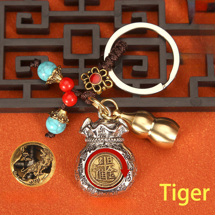 Buddha Stones Chinesischer Tierkreiszeichen-Schlüsselanhänger mit drehbarem Glücksbeutel und geflochtenem Muster - Tiger - image 2